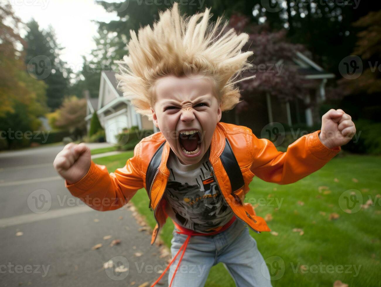 Kind im ein Halloween Kostüm mit ein spielerisch Pose ai generativ foto