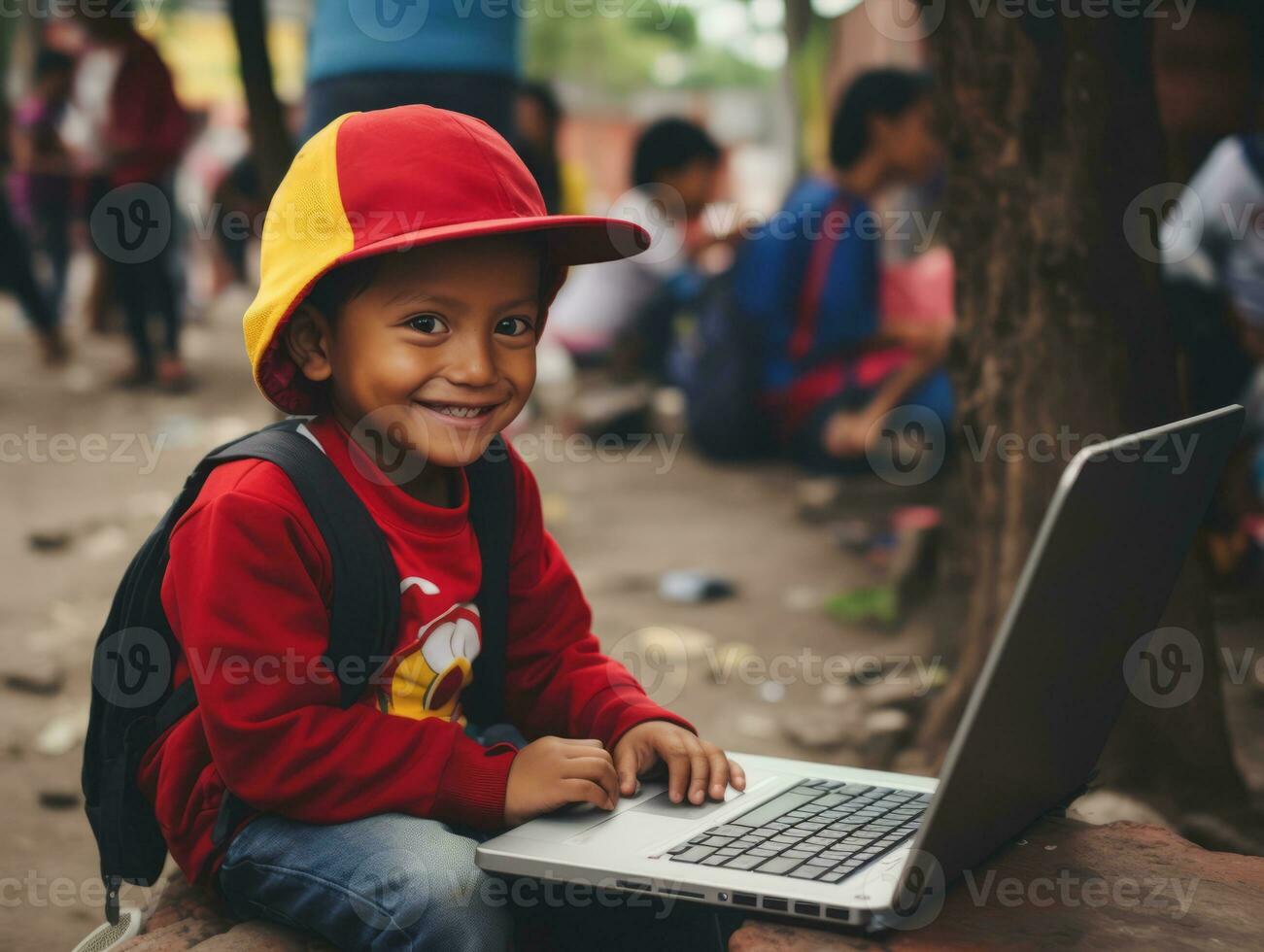 kolumbianisch Kind Arbeiten auf ein Laptop im ein beschwingt städtisch Rahmen ai generativ foto