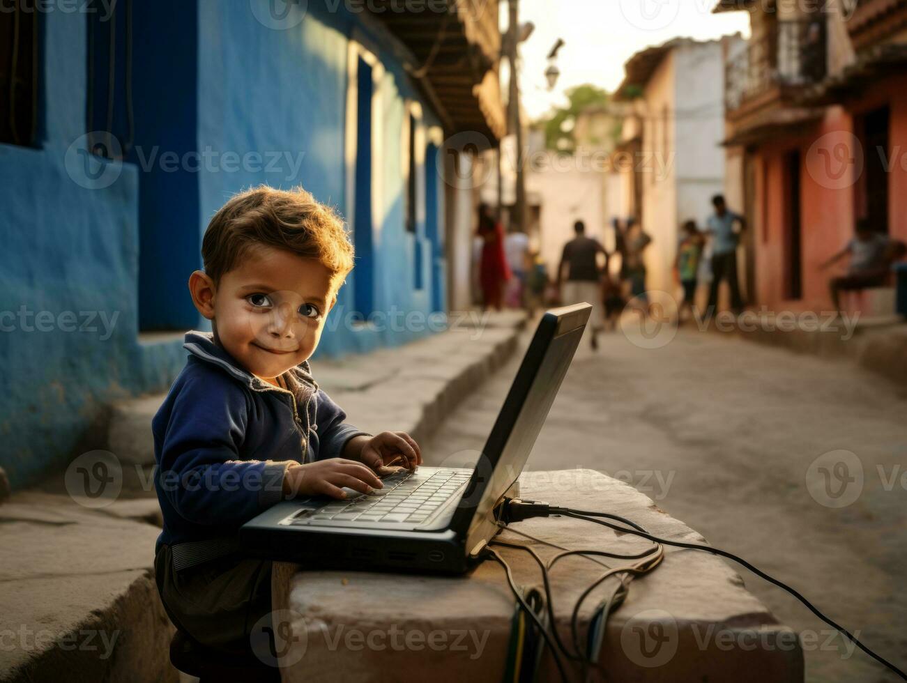 kolumbianisch Kind Arbeiten auf ein Laptop im ein beschwingt städtisch Rahmen ai generativ foto