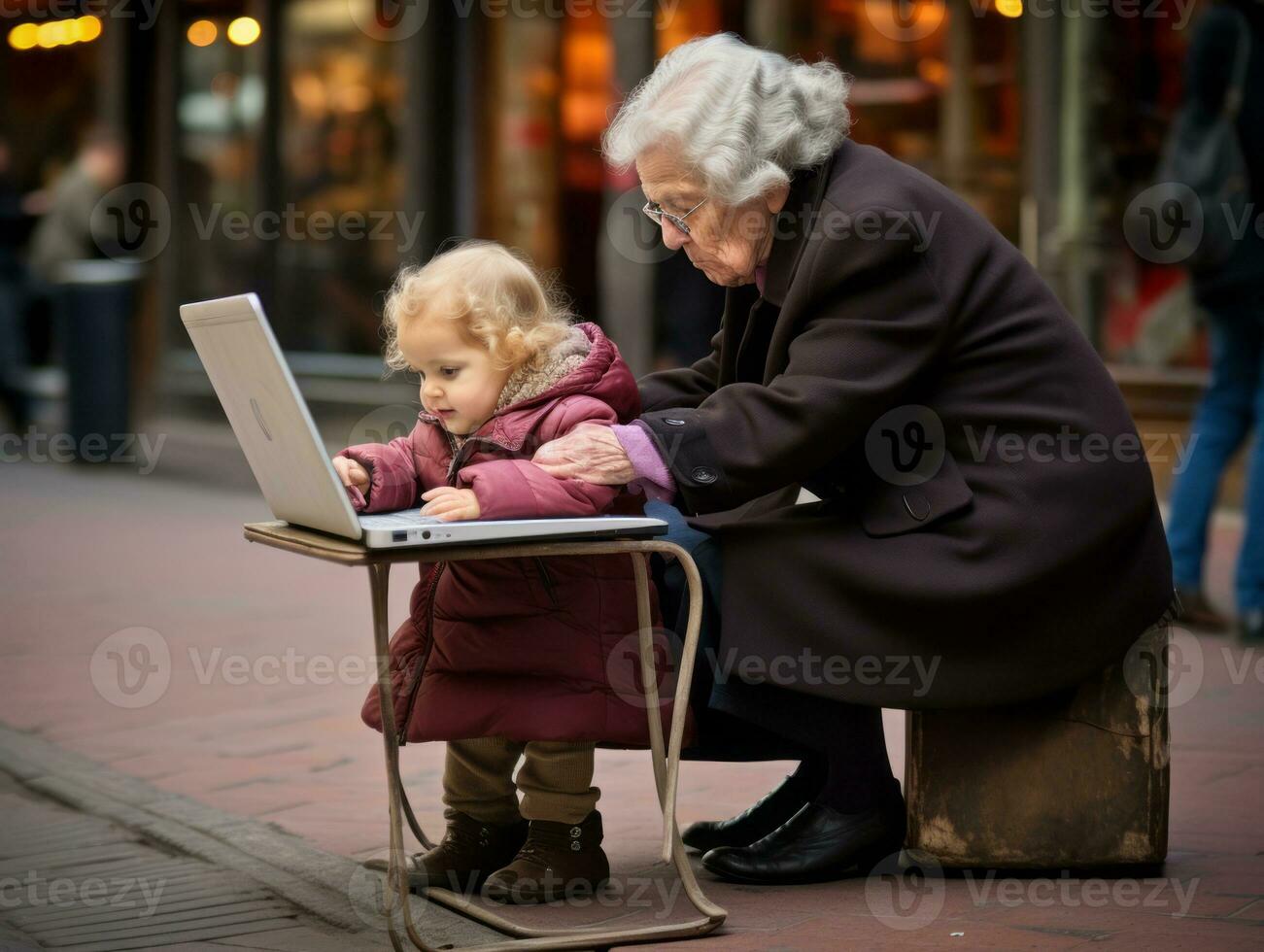 kolumbianisch Kind Arbeiten auf ein Laptop im ein beschwingt städtisch Rahmen ai generativ foto