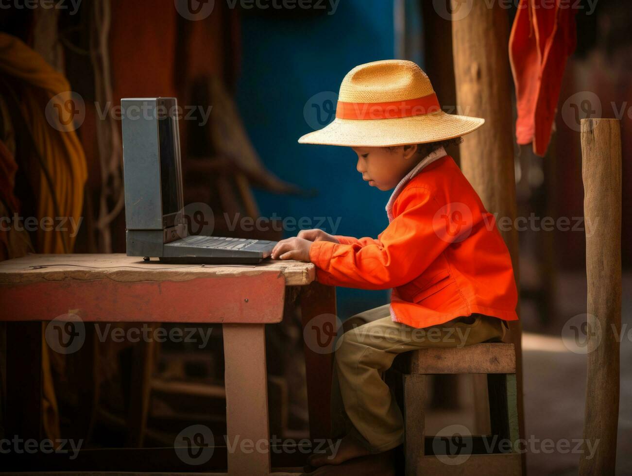 kolumbianisch Kind Arbeiten auf ein Laptop im ein beschwingt städtisch Rahmen ai generativ foto