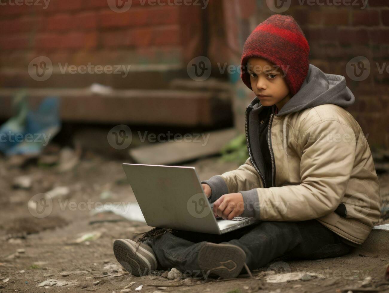 kolumbianisch Kind Arbeiten auf ein Laptop im ein beschwingt städtisch Rahmen ai generativ foto