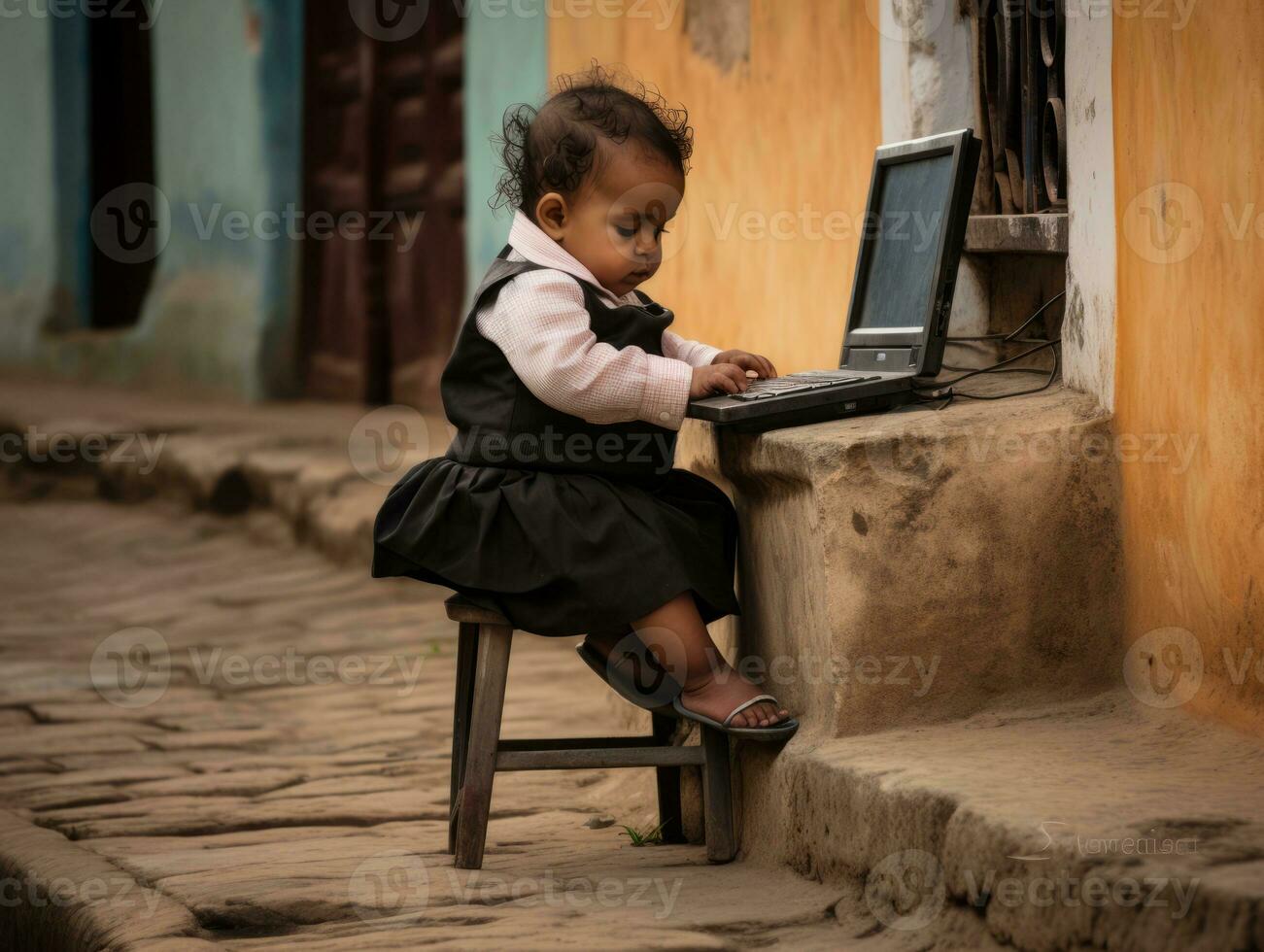 kolumbianisch Kind Arbeiten auf ein Laptop im ein beschwingt städtisch Rahmen ai generativ foto