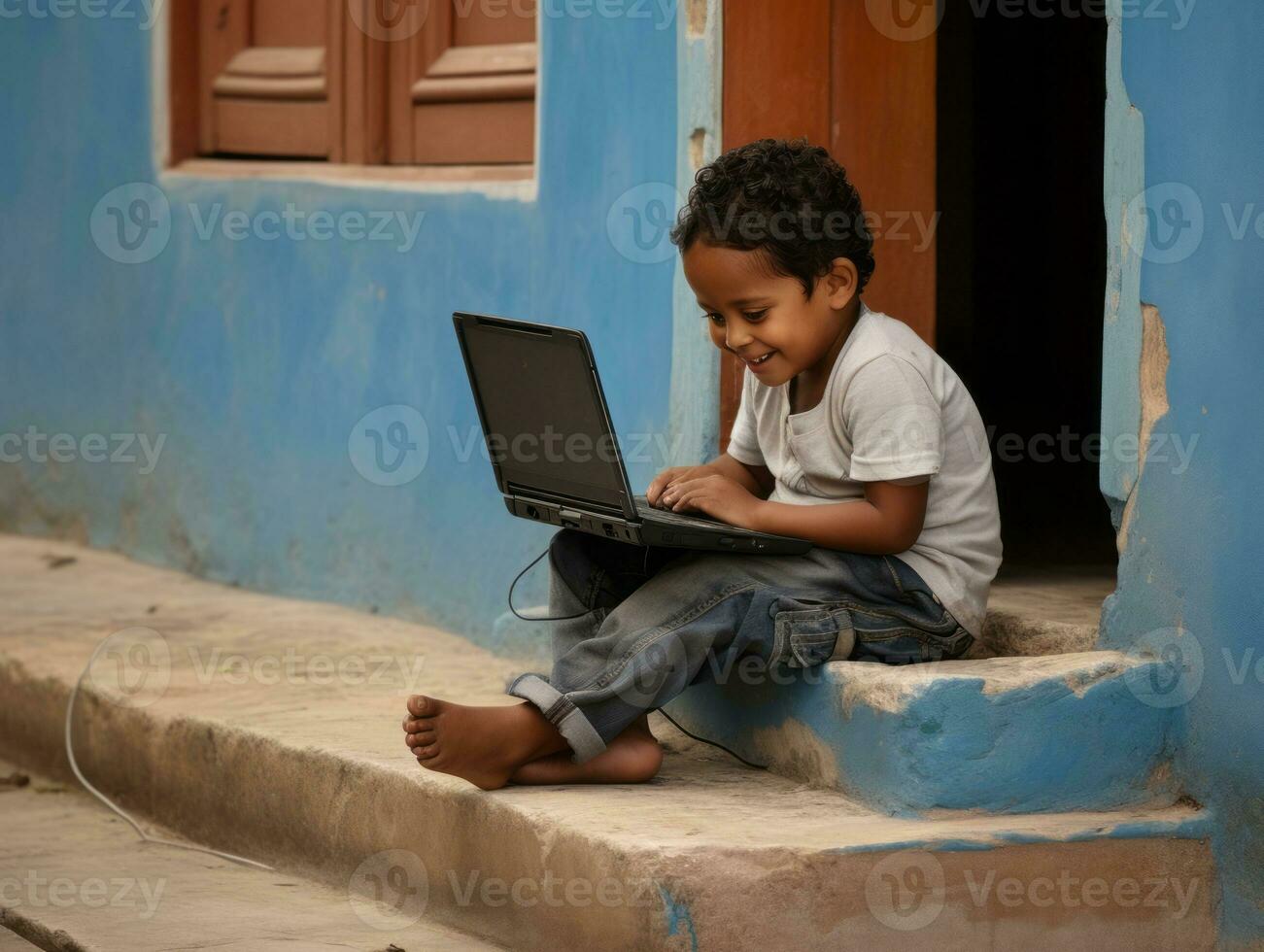 kolumbianisch Kind Arbeiten auf ein Laptop im ein beschwingt städtisch Rahmen ai generativ foto