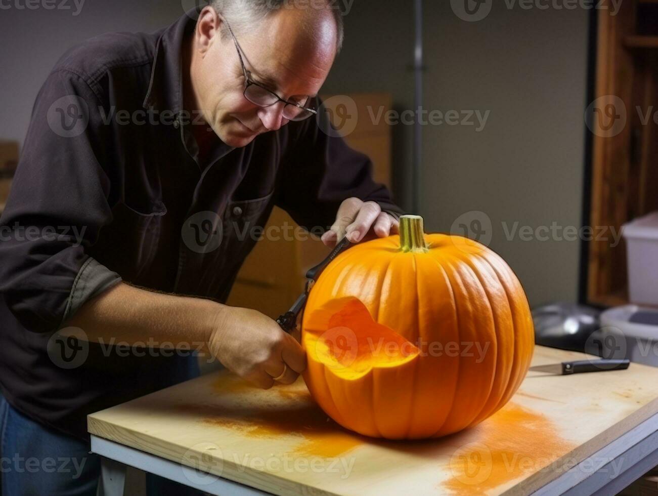 Mann Carving ein unheimlich Jack Ö Laterne ai generativ foto