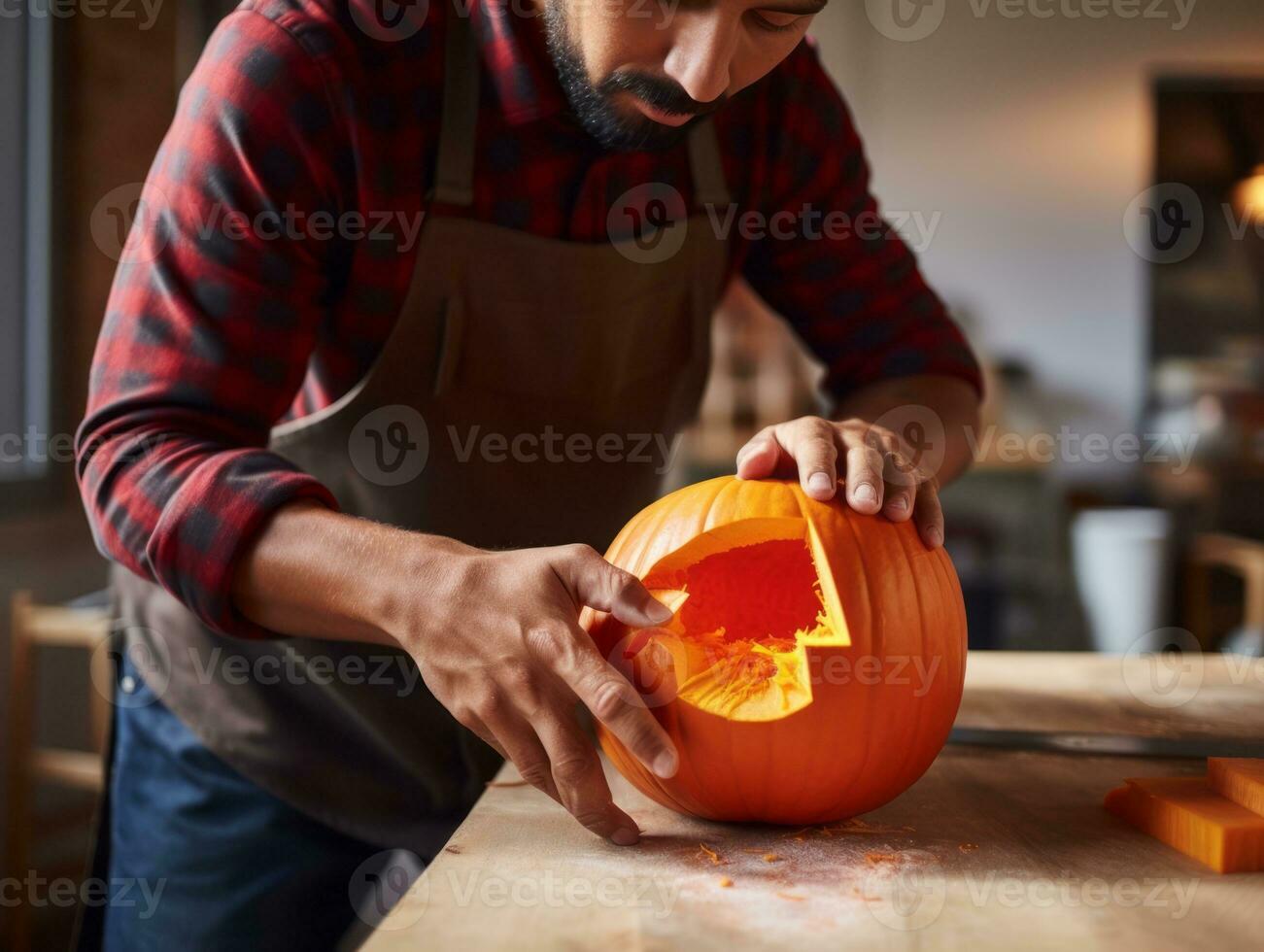 Mann Carving ein unheimlich Jack Ö Laterne ai generativ foto