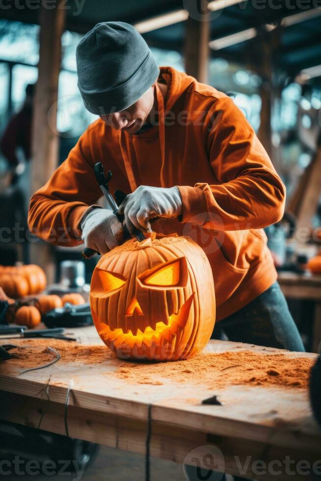 Mann Carving ein unheimlich Jack Ö Laterne ai generativ foto