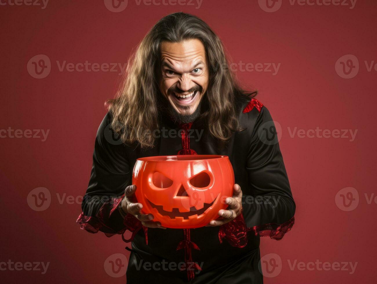 Mann im Halloween Kostüm halten ein Schüssel von Süßigkeiten mit boshaft Grinsen ai generativ foto