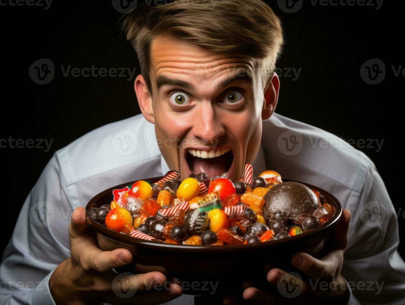 Mann im Halloween Kostüm halten ein Schüssel von Süßigkeiten mit boshaft Grinsen ai generativ foto