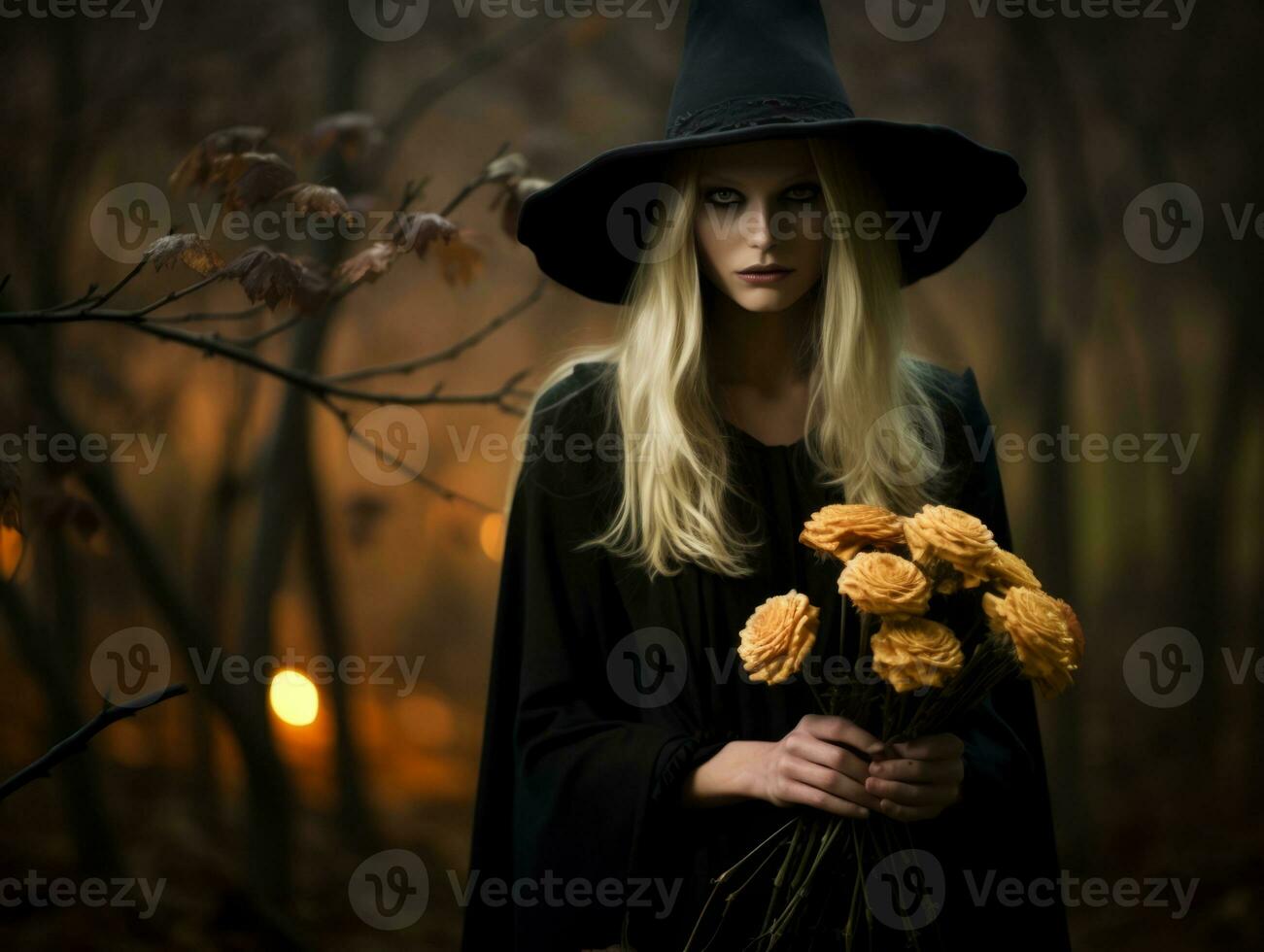 Frau gekleidet wie ein Hexe zum Halloween ai generativ foto