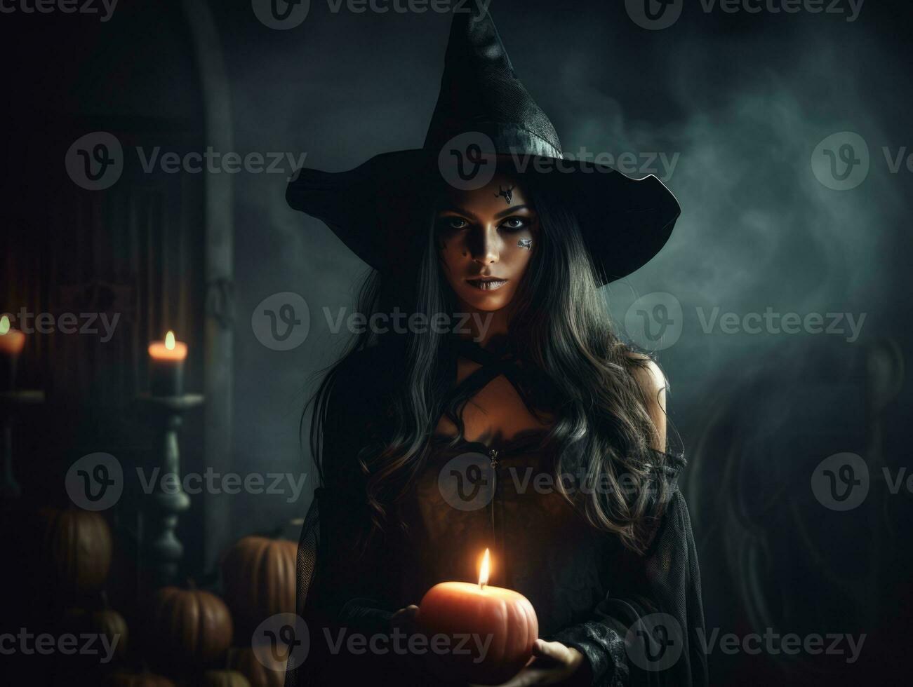 Frau gekleidet wie ein Hexe zum Halloween ai generativ foto