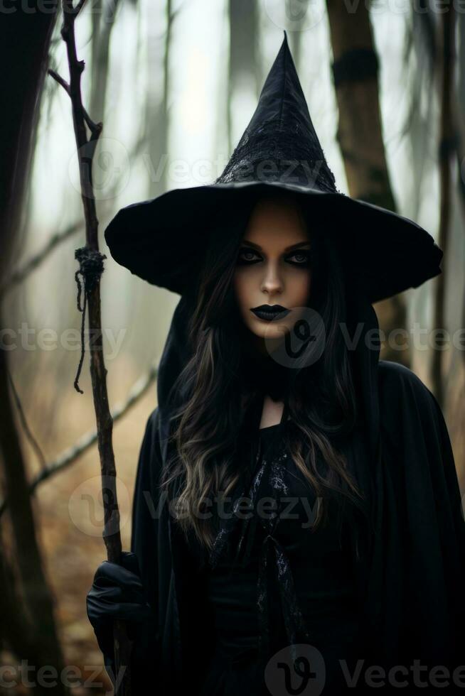 Frau gekleidet wie ein Hexe zum Halloween ai generativ foto