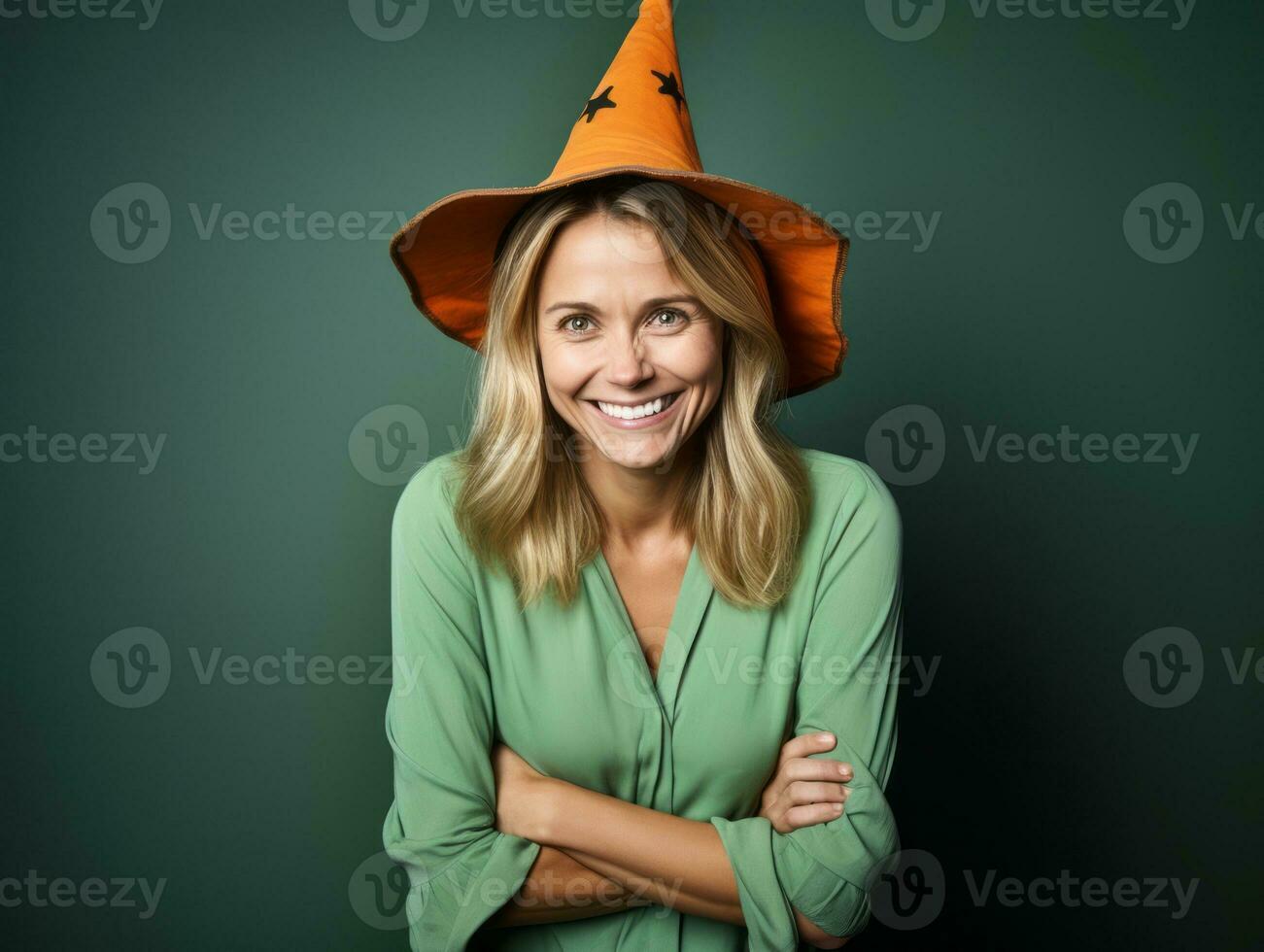 Frau im ein Halloween Kostüm mit ein spielerisch Pose ai generativ foto