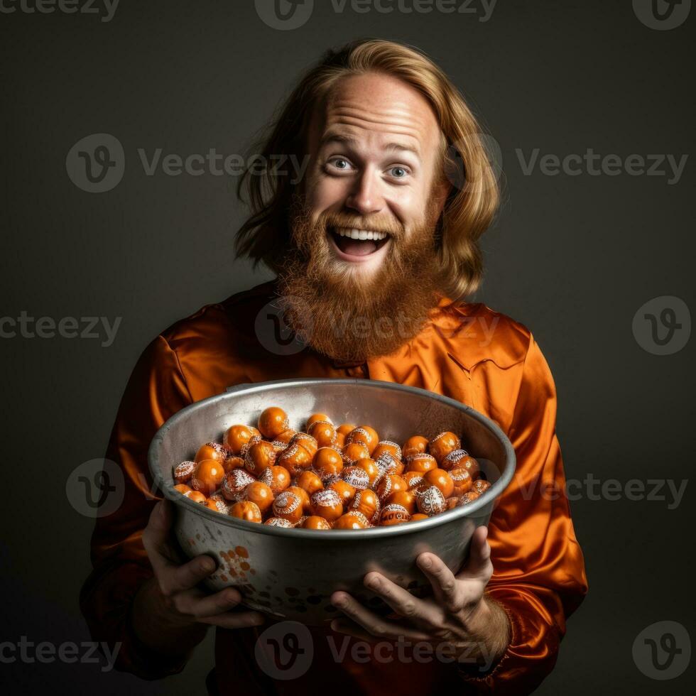 Mann im Halloween Kostüm halten ein Schüssel von Süßigkeiten mit boshaft Grinsen ai generativ foto