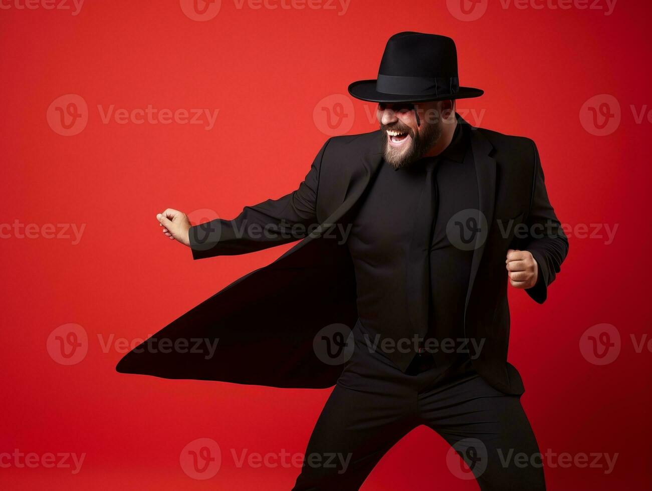 Mann im ein Halloween Kostüm mit ein spielerisch Pose ai generativ foto