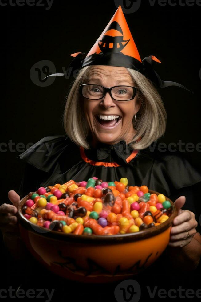 Frau im ein Halloween Kostüm halten ein Schüssel von Süßigkeiten mit boshaft Grinsen ai generativ foto
