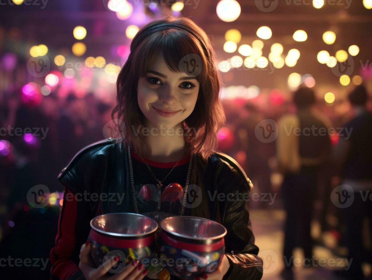 Frau im ein Halloween Kostüm halten ein Schüssel von Süßigkeiten mit boshaft Grinsen ai generativ foto