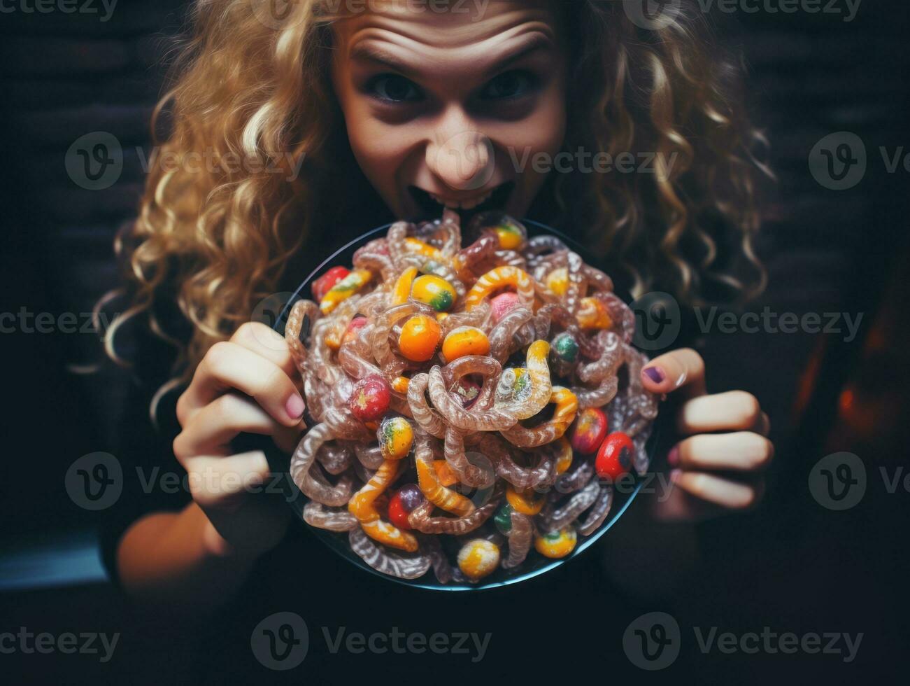 Frau im ein Halloween Kostüm halten ein Schüssel von Süßigkeiten mit boshaft Grinsen ai generativ foto