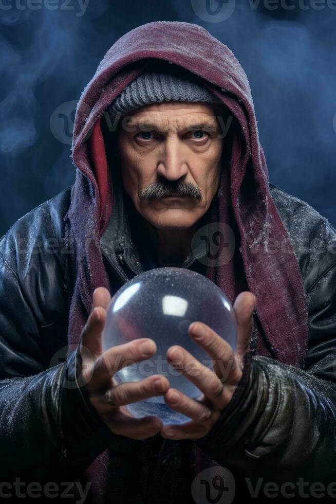 Mann erzählen von ein Kristall Ball gekleidet wie ein mysteriös Vermögen Erzähler ai generativ foto