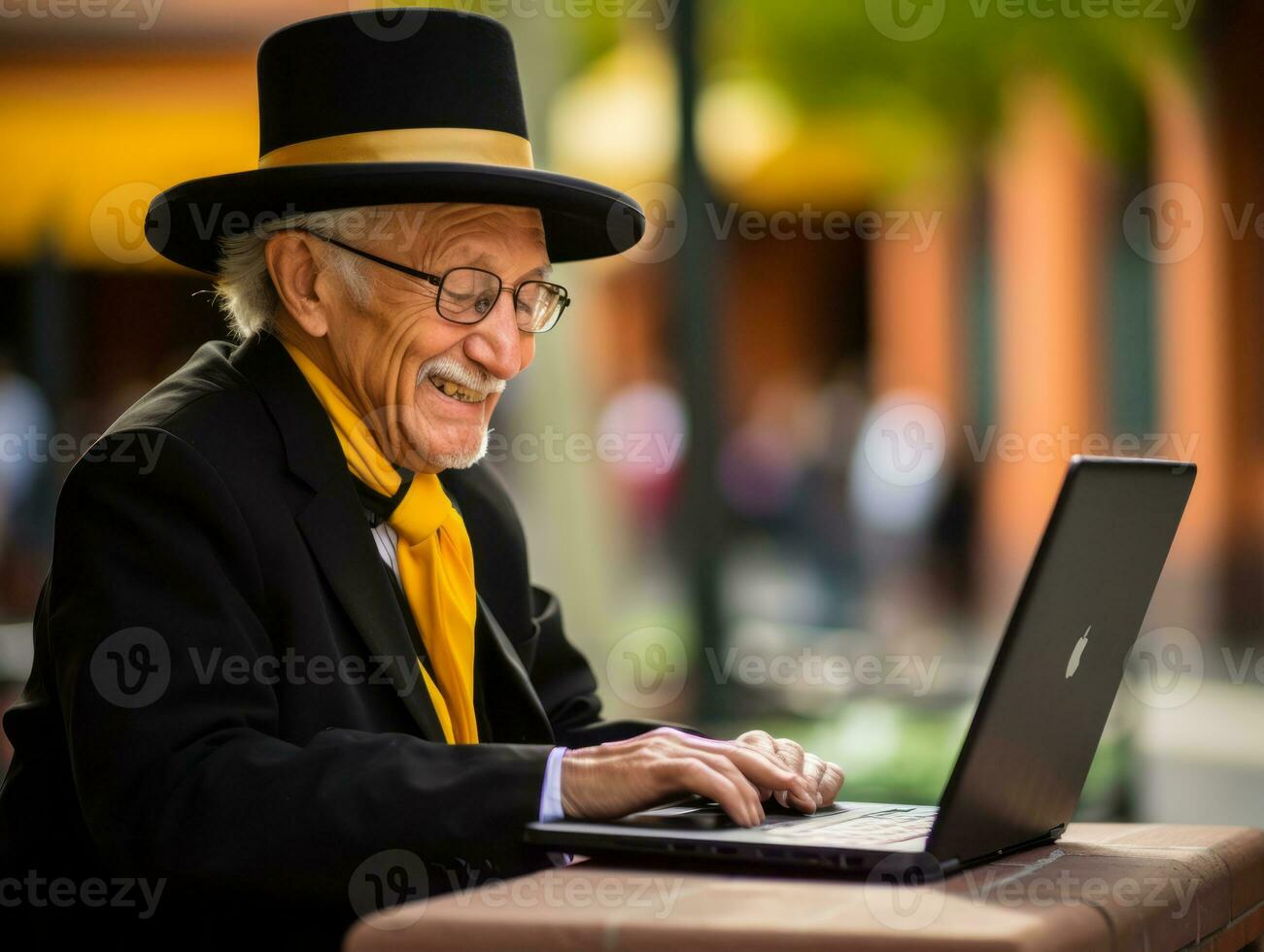 alt kolumbianisch Mann Arbeiten auf ein Laptop im ein beschwingt städtisch Rahmen ai generativ foto