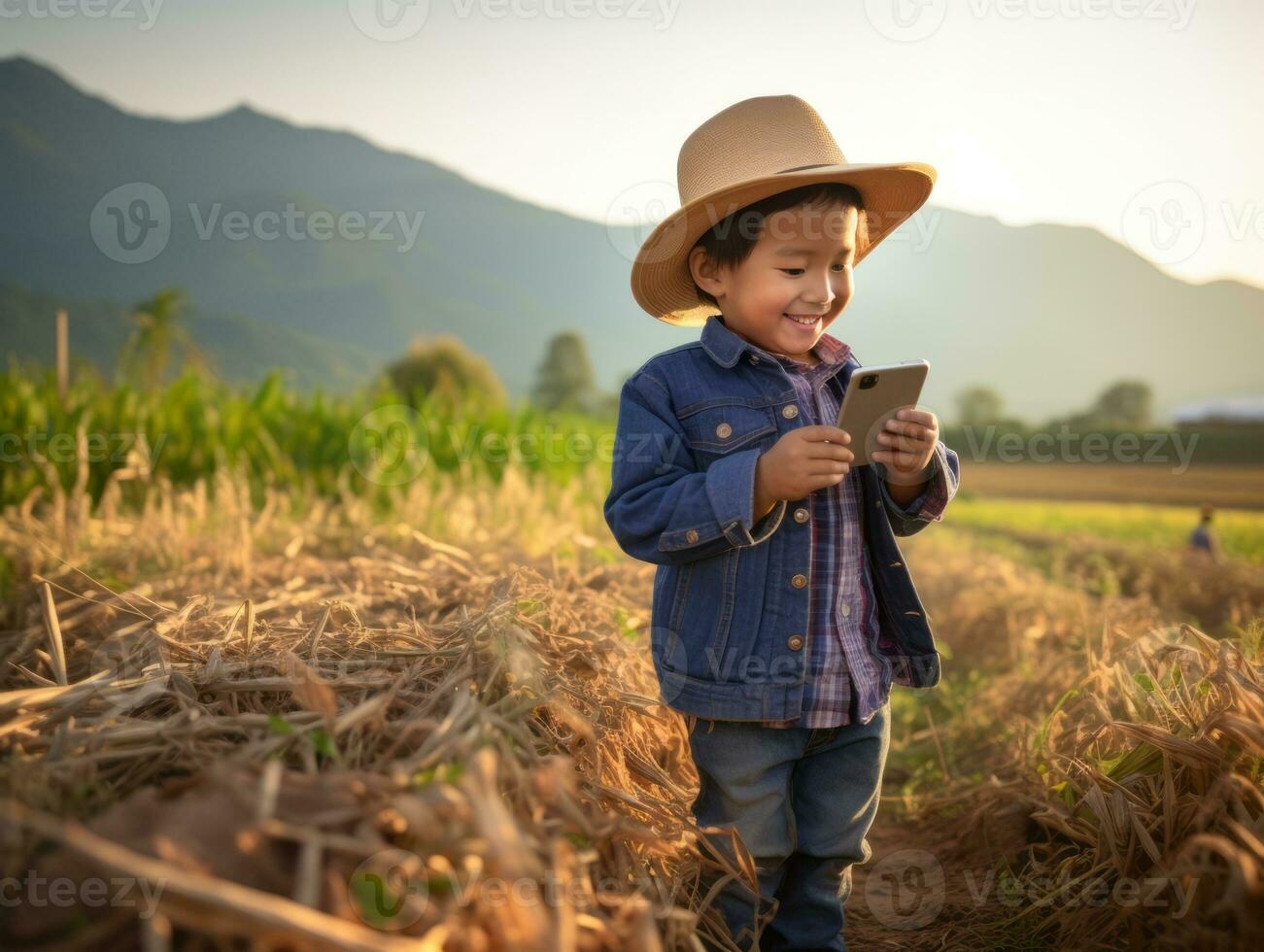 Kind von Kolumbien mit Smartphone zum spielen Spiele ai generativ foto