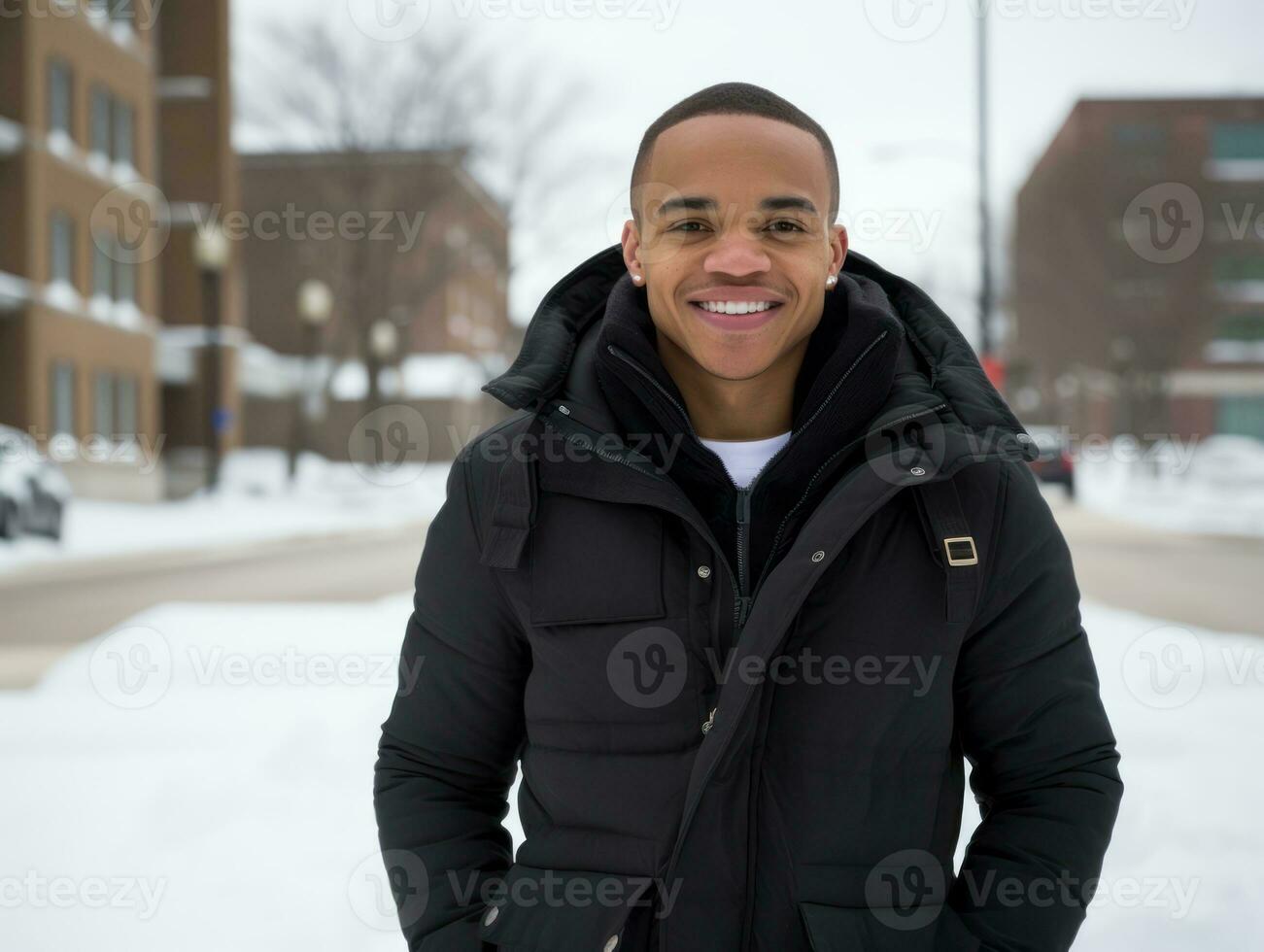 afrikanisch amerikanisch Mann genießt das Winter schneebedeckt Tag im spielerisch emotional dynamisch Pose ai generativ foto