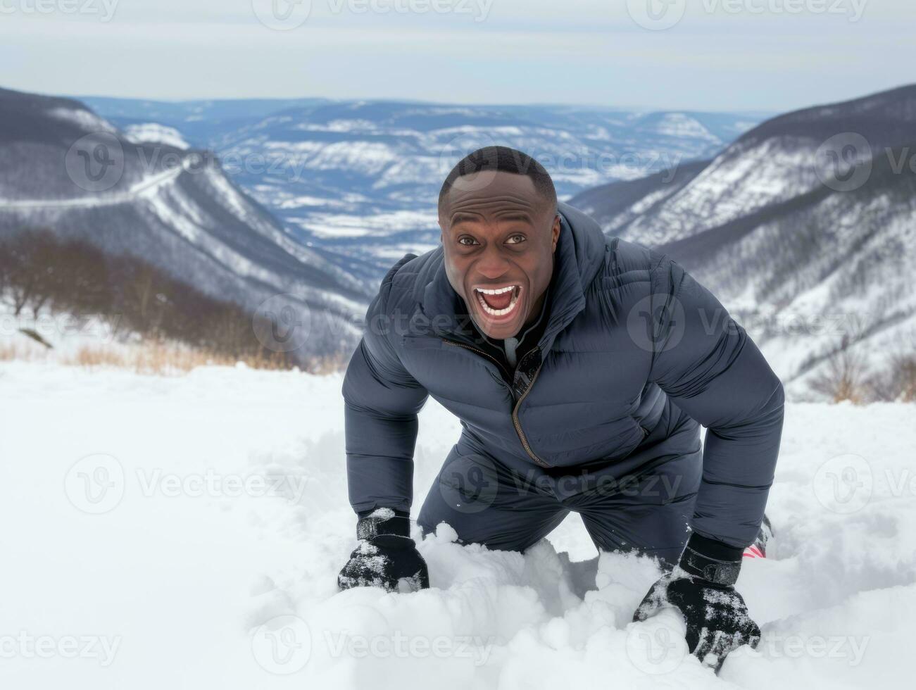 afrikanisch amerikanisch Mann genießt das Winter schneebedeckt Tag im spielerisch emotional dynamisch Pose ai generativ foto