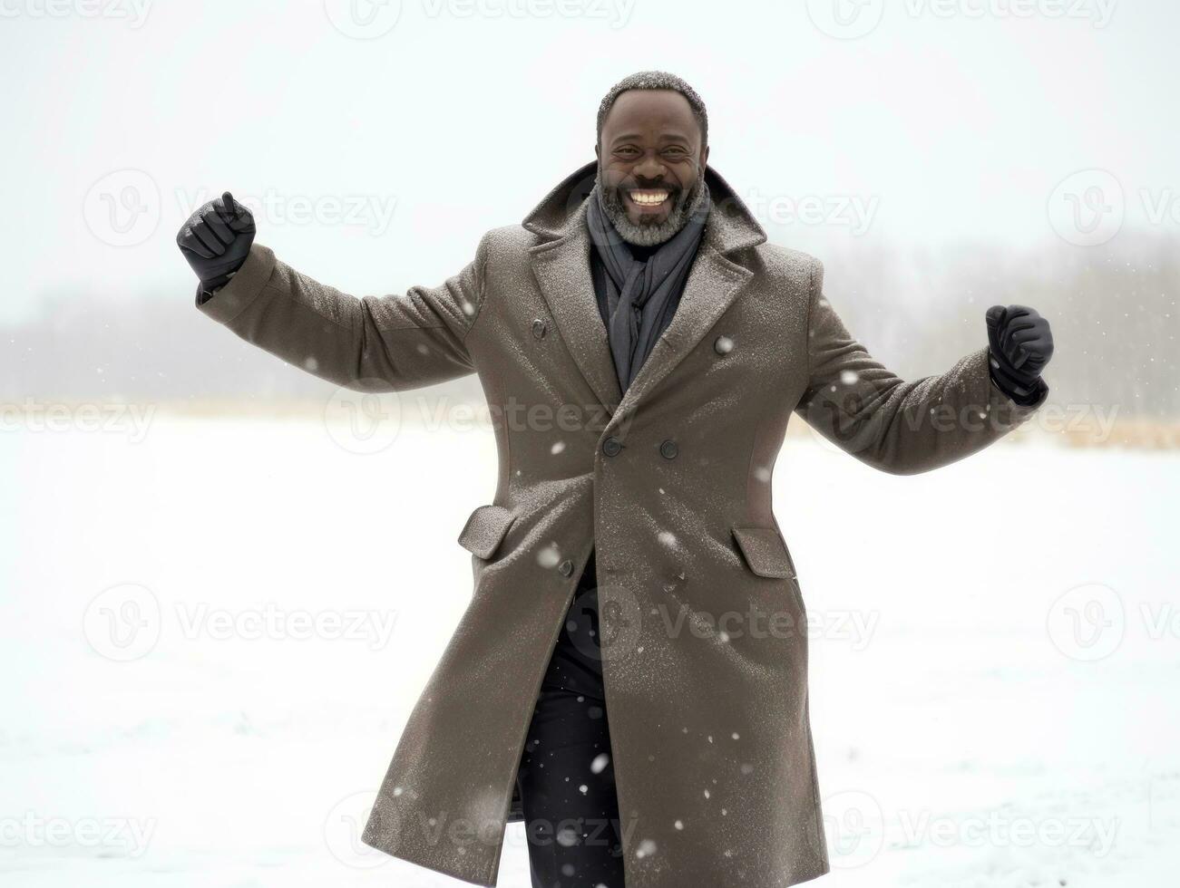 afrikanisch amerikanisch Mann genießt das Winter schneebedeckt Tag im spielerisch emotional dynamisch Pose ai generativ foto