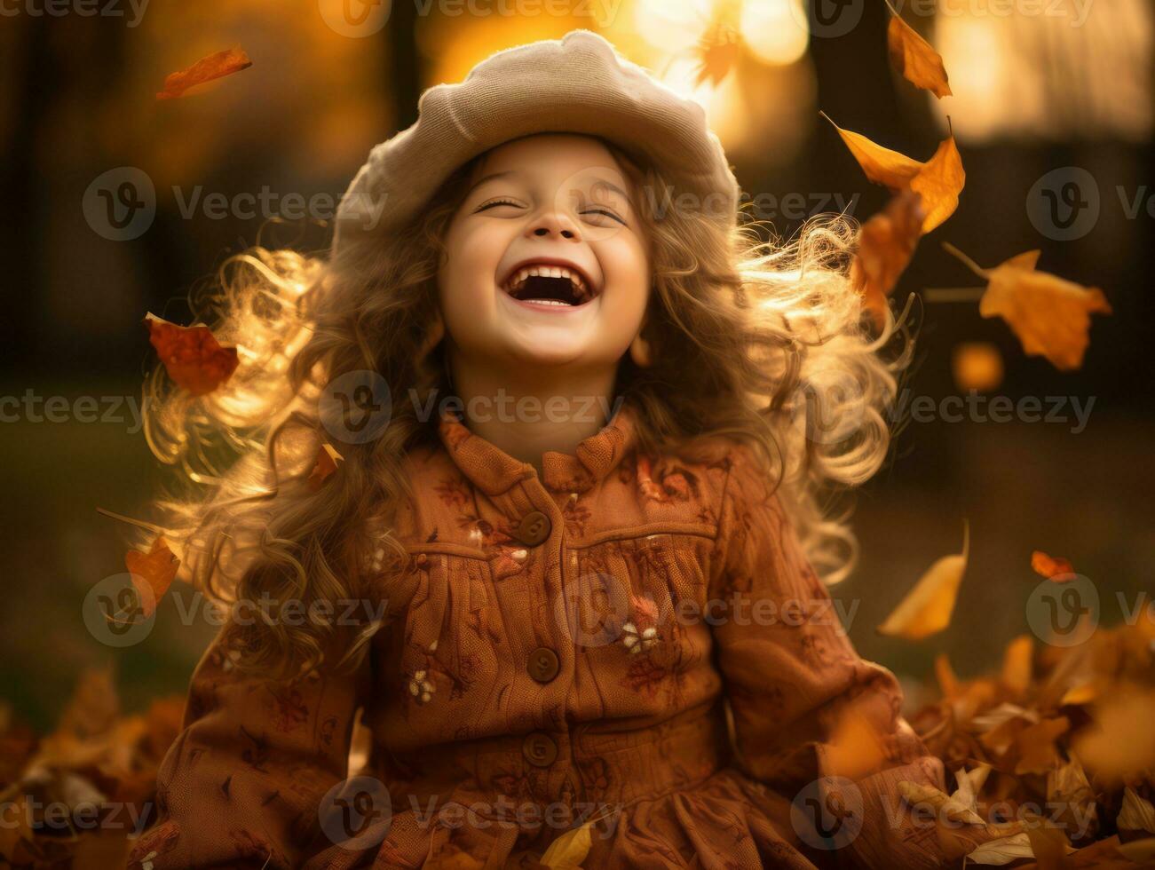 europäisch Kind im spielerisch emotional dynamisch Pose auf Herbst Hintergrund ai generativ foto