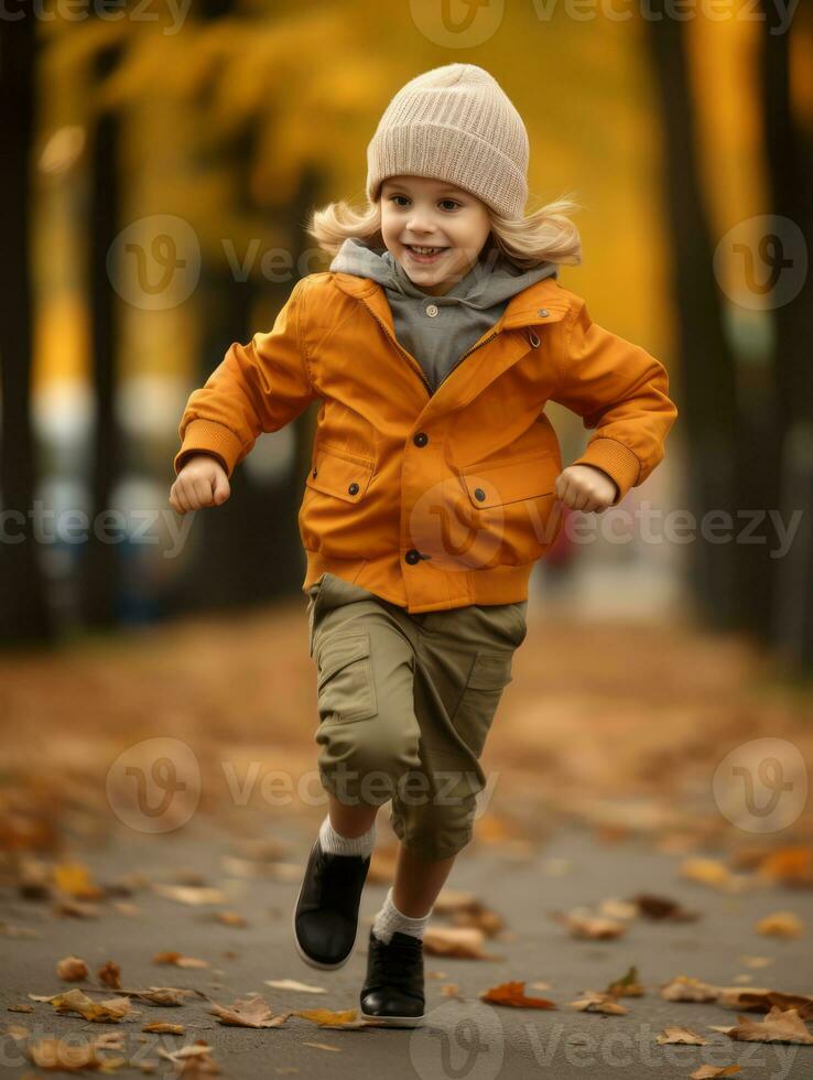 europäisch Kind im spielerisch emotional dynamisch Pose auf Herbst Hintergrund ai generativ foto