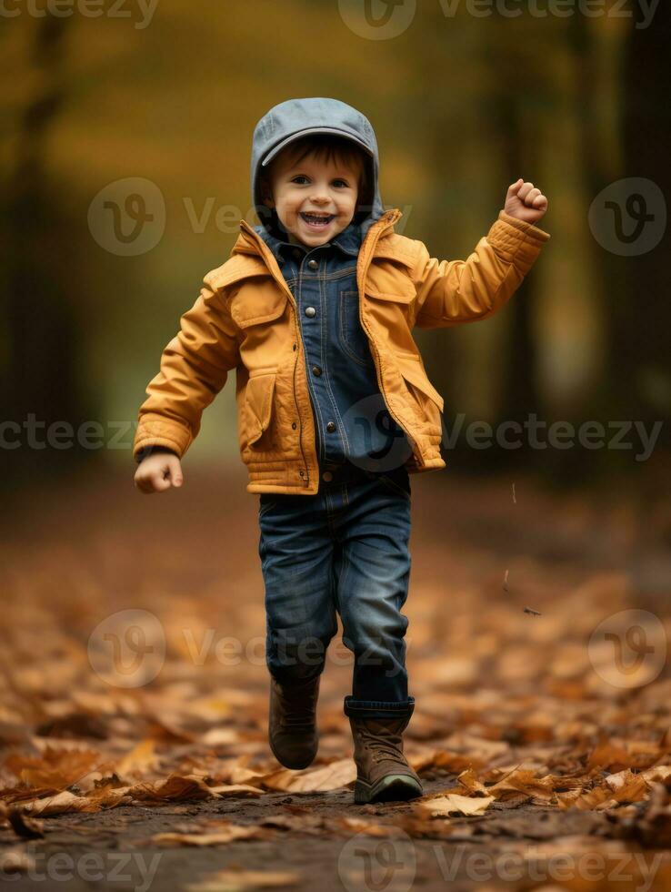 europäisch Kind im spielerisch emotional dynamisch Pose auf Herbst Hintergrund ai generativ foto