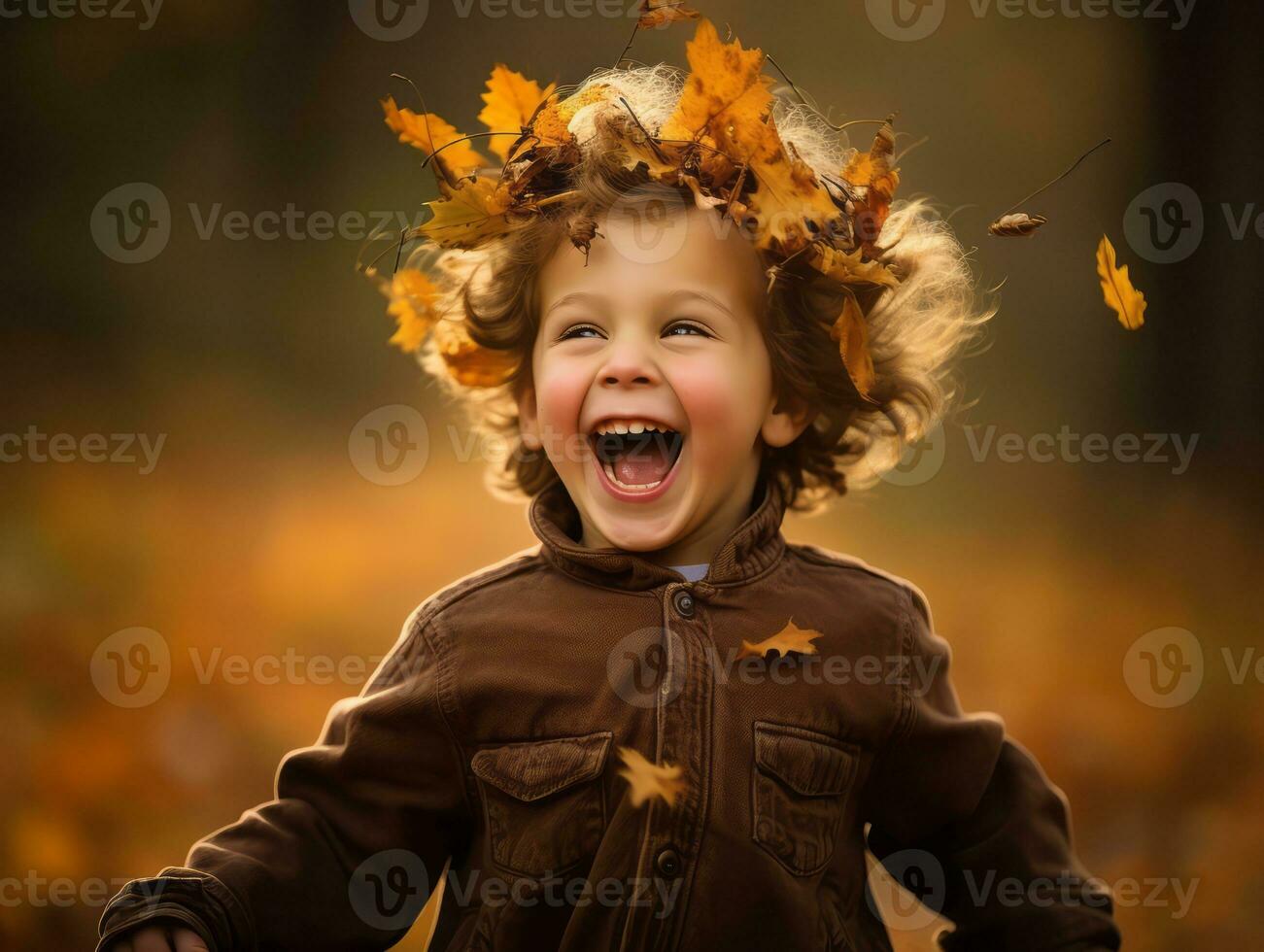 europäisch Kind im spielerisch emotional dynamisch Pose auf Herbst Hintergrund ai generativ foto