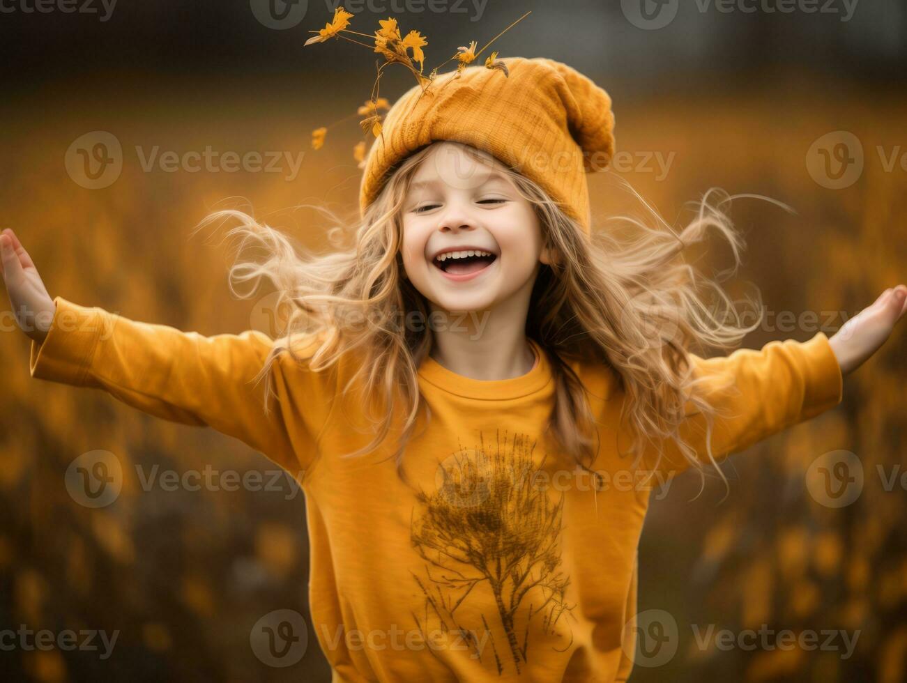 europäisch Kind im spielerisch emotional dynamisch Pose auf Herbst Hintergrund ai generativ foto