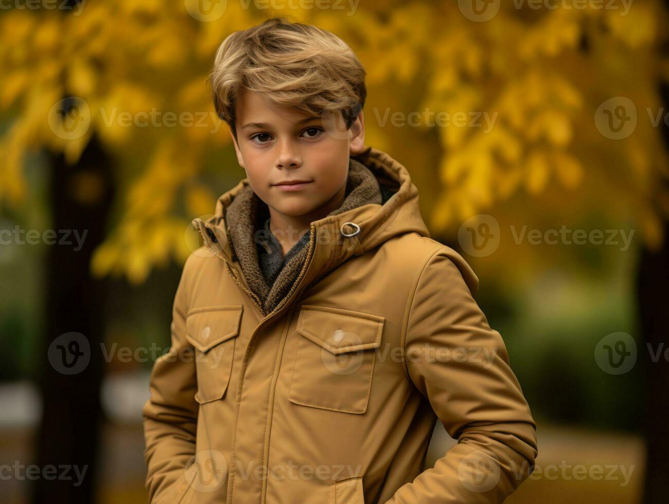 europäisch Kind im spielerisch emotional dynamisch Pose auf Herbst Hintergrund ai generativ foto