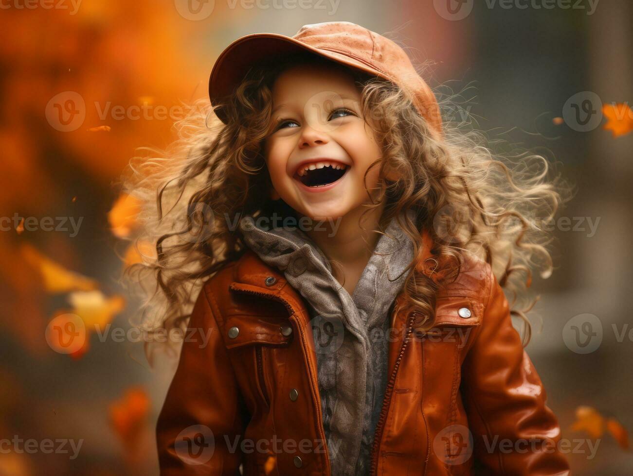 europäisch Kind im spielerisch emotional dynamisch Pose auf Herbst Hintergrund ai generativ foto