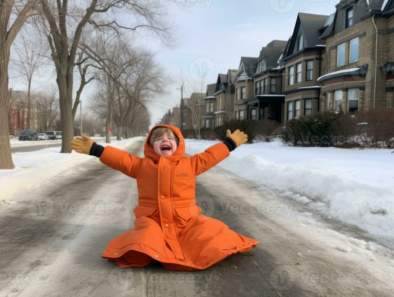 Kind genießt das Winter schneebedeckt Tag im spielerisch Pose ai generativ foto