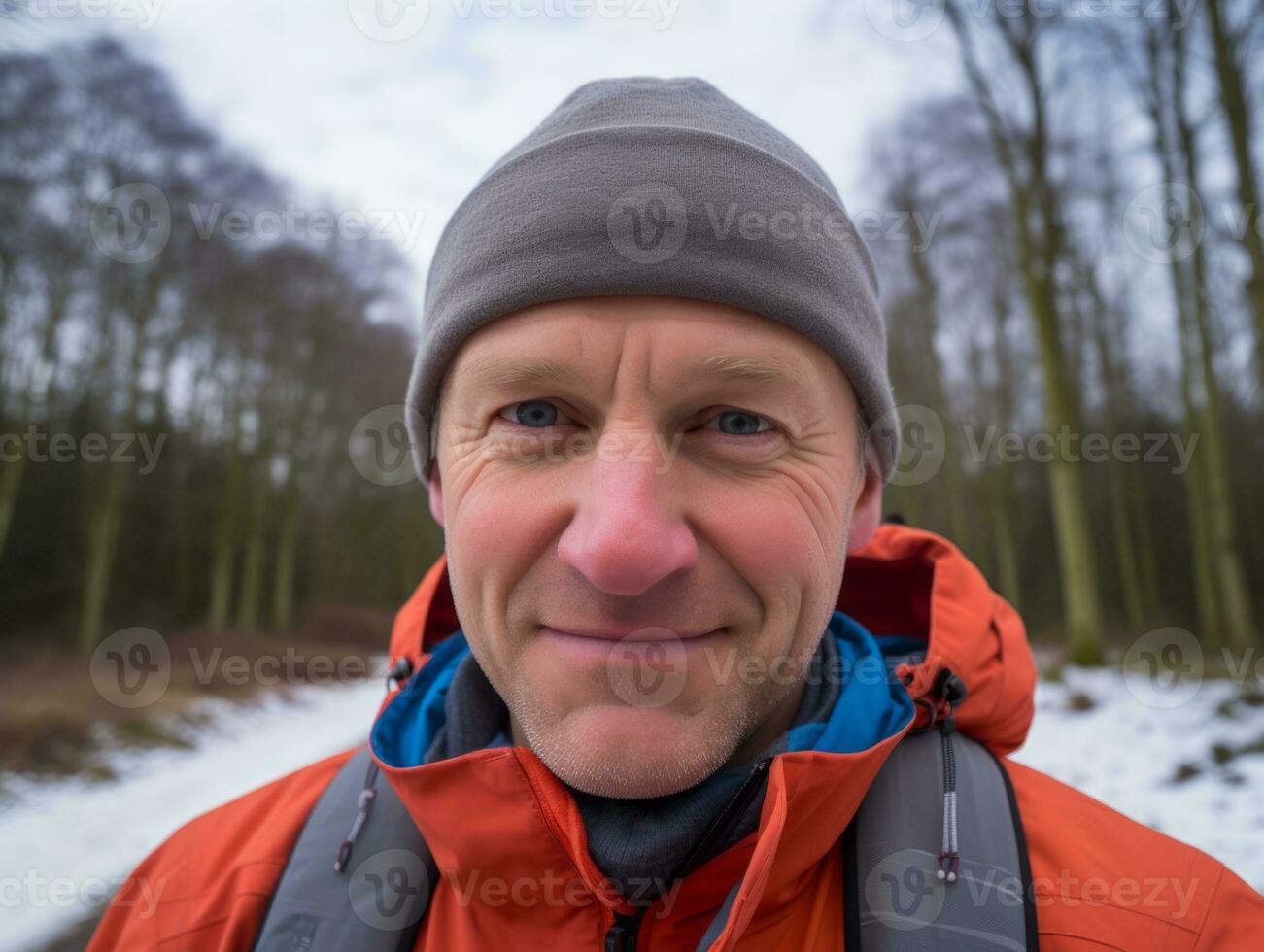 Mann genießt ein gemächlich gehen auf ein Winter Tag ai generativ foto