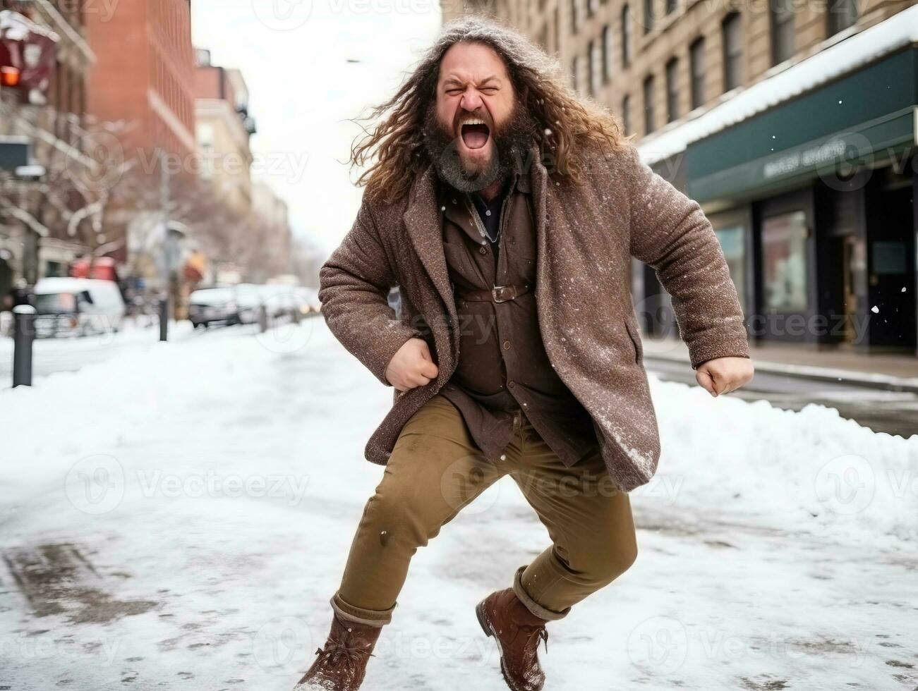 Mann genießt das Winter schneebedeckt Tag im spielerisch Pose ai generativ foto