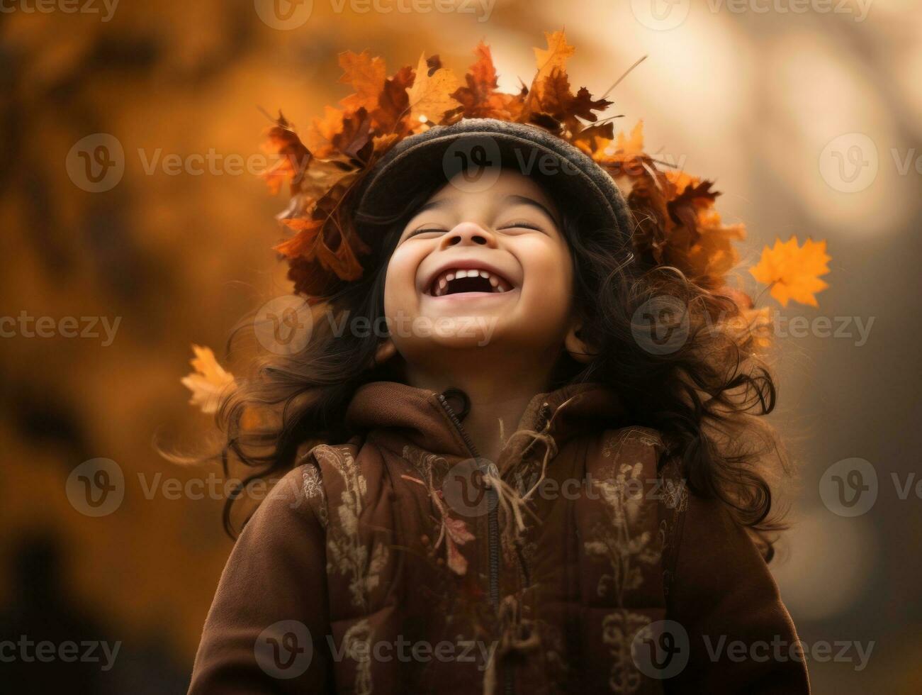 Mexikaner Kind im emotional dynamisch Pose auf Herbst Hintergrund ai generativ foto