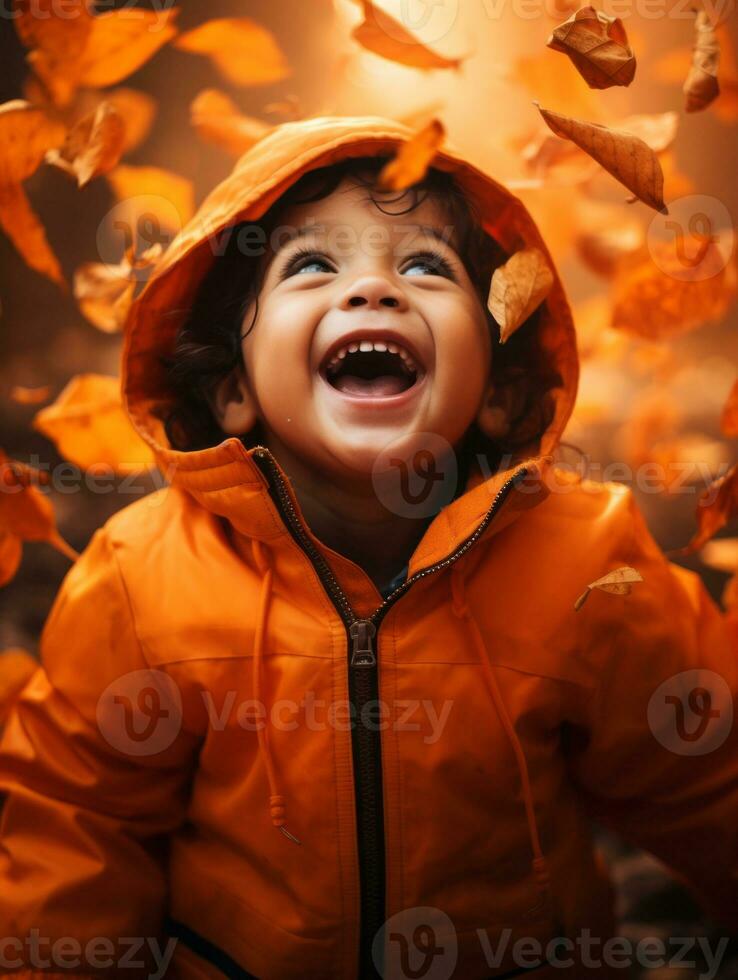 Mexikaner Kind im emotional dynamisch Pose auf Herbst Hintergrund ai generativ foto