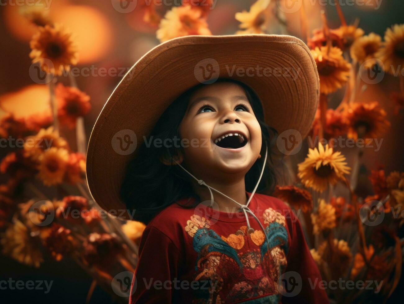 Mexikaner Kind im emotional dynamisch Pose auf Herbst Hintergrund ai generativ foto