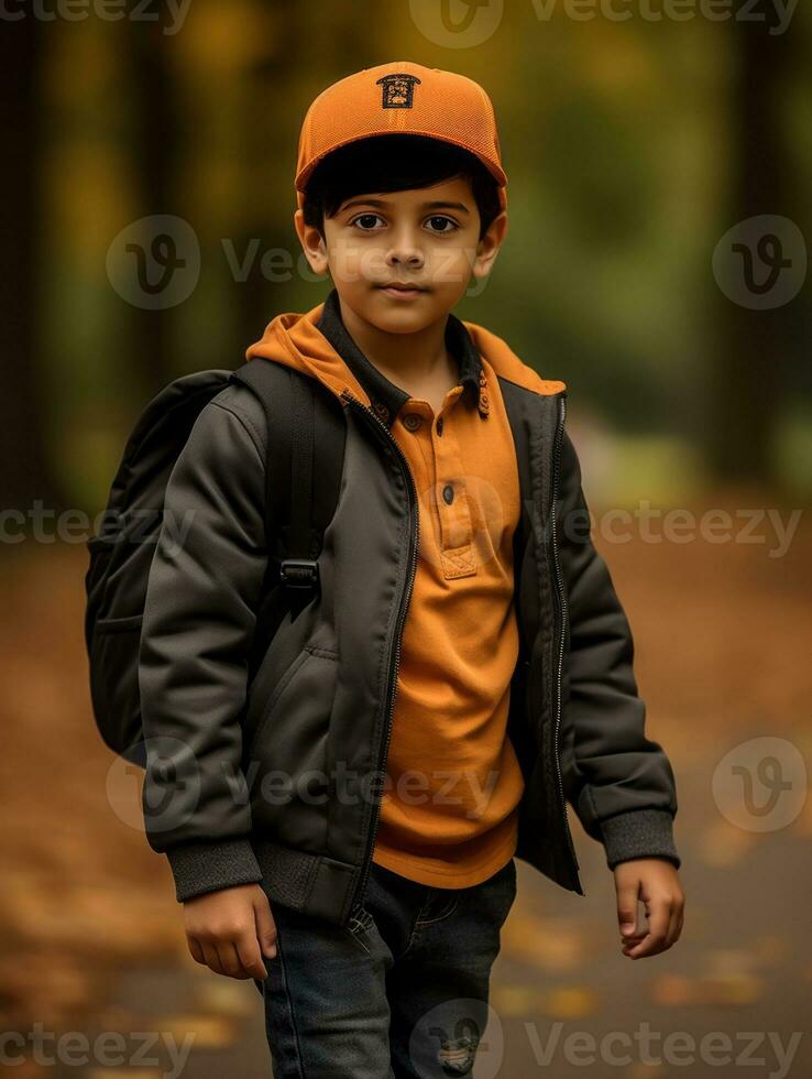 Mexikaner Kind im emotional dynamisch Pose auf Herbst Hintergrund ai generativ foto