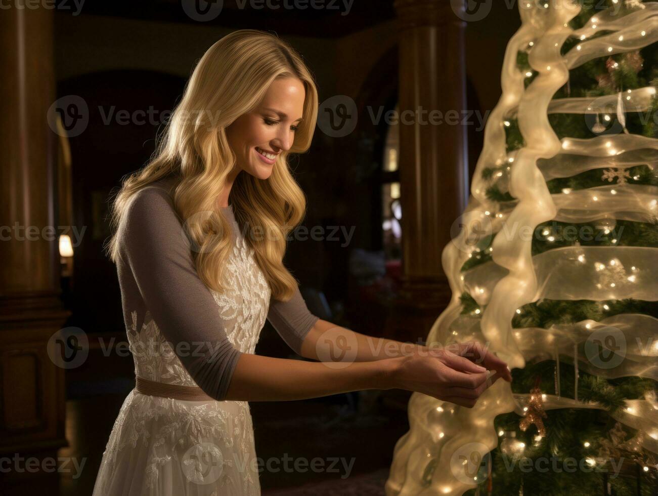 Frau dekorieren ein Weihnachten Baum mit Ornamente und Beleuchtung ai generativ foto
