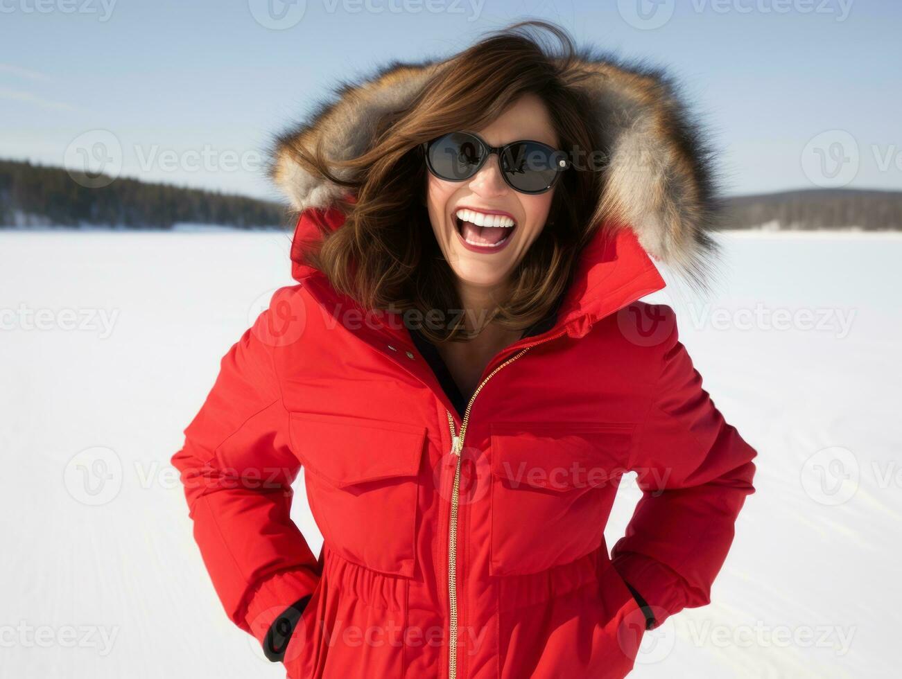 Frau genießt im das Winter Tag im emotional spielerisch Pose ai generativ foto