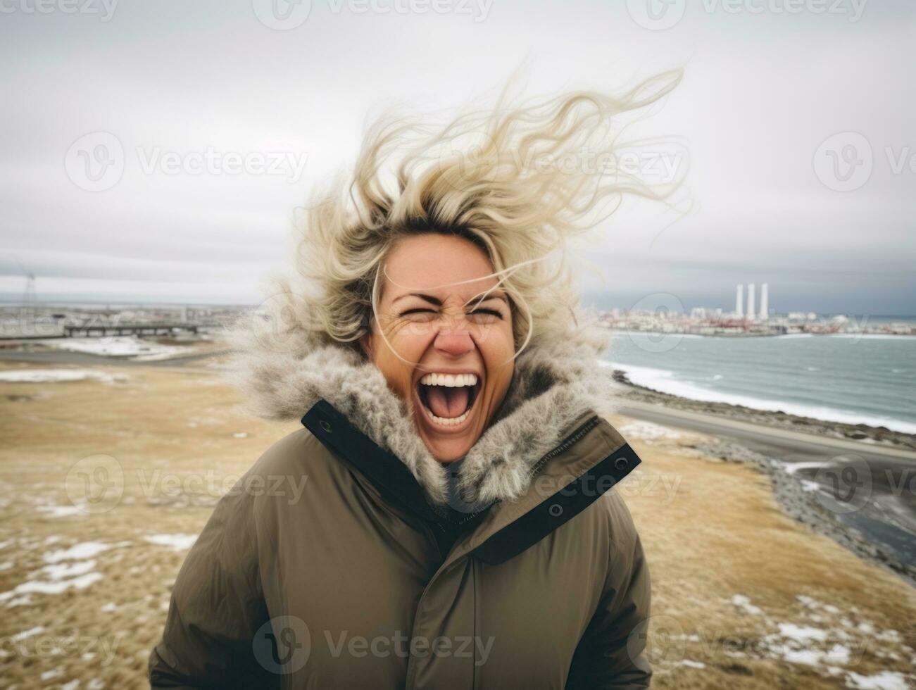 Frau genießt im das Winter Tag im emotional spielerisch Pose ai generativ foto