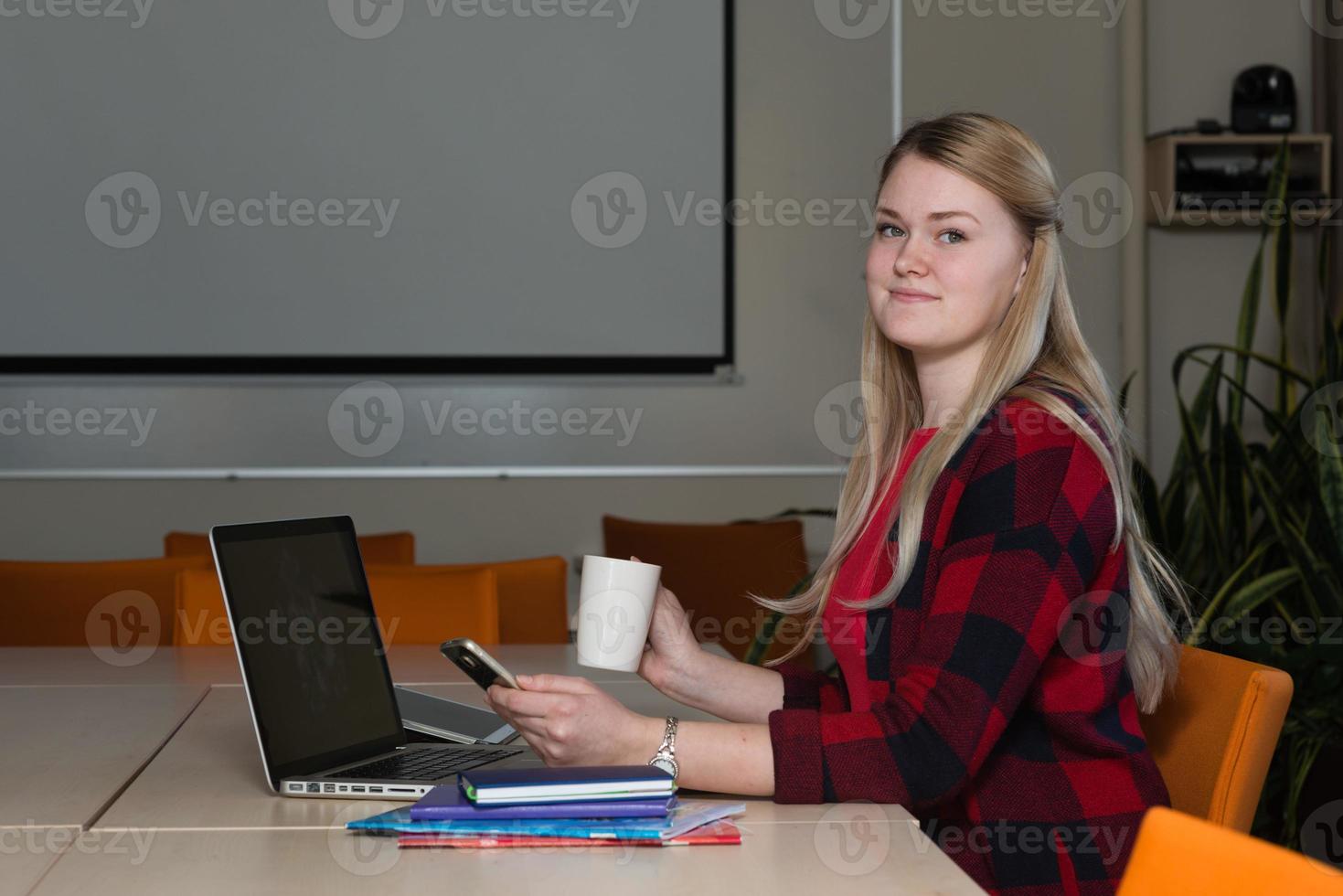 lächelnde blonde Frau sitzt an einem Laptop, trinkt Tee und arbeitet. foto