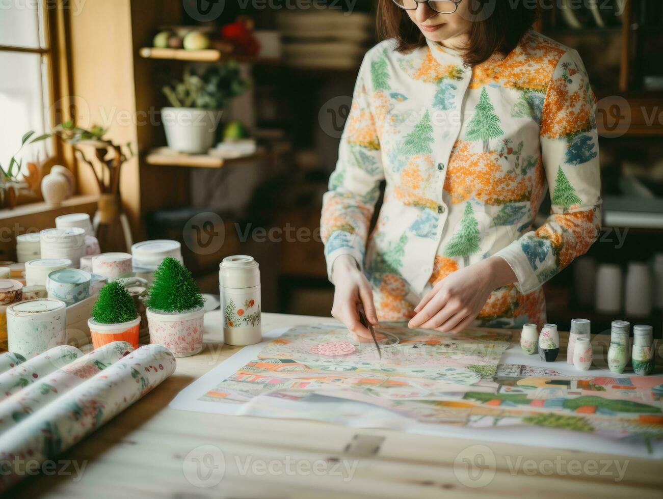 Frau Verpackung die Geschenke mit Urlaub thematisch Verpackung Papier ai generativ foto