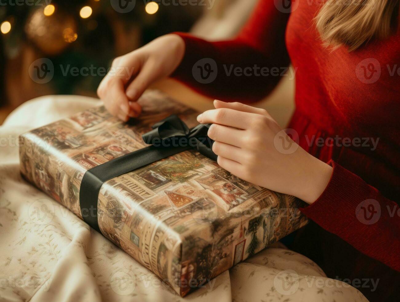 Frau Verpackung die Geschenke mit Urlaub thematisch Verpackung Papier ai generativ foto