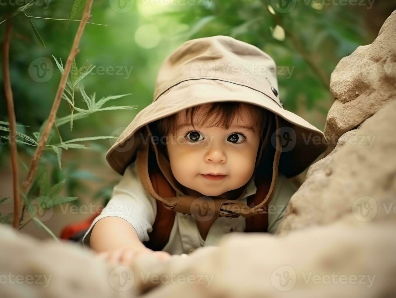 bezaubernd Baby erkunden das Natur ai generativ foto