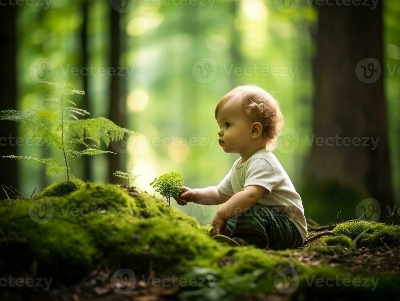 bezaubernd Baby erkunden das Natur ai generativ foto